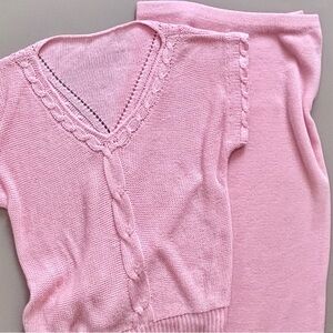 Vintage 80s Angled Cable Knit V-Neck Sweater Knee Length Skirt Two-Piece Set